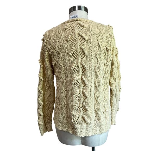 Vintage Laura Ashley Cotton French Knot Pom Crochet Knitted Cardigan Yellow SZ M - Picture 2 of 7